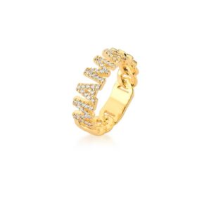 Anel Ban. Dourado Crav. Zirc Branca Escrita Mama Elo Lateral