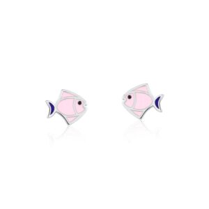 Brinco Prateado Esmaltado Rosa Peixe Pino De Rosca