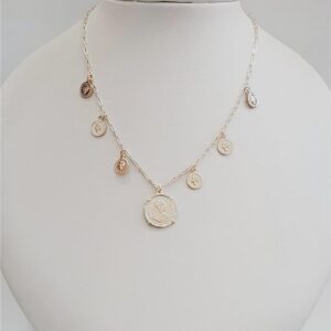 Colar Fol. Dourado Liso 7 Ping. Medalha Moeda