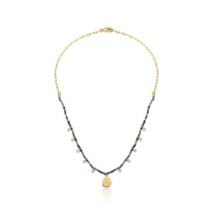 Colarelo Cartier Fol. Dourado Pedra Branca/Cristal Bulg. Onix Azul Redondo