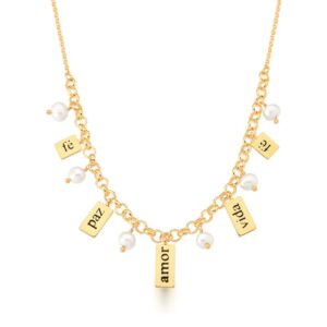 Colar Ban. Dourado Liso Esmaltado Preto Escrita Fe/Vida/Amor/Paz 6 Perola 45+5cm (Cat)