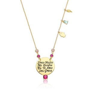 Colar Ban. Dourado Pedra Multicolor Sinto Muito/Me Perdoe/Eu Te Amo/Sou Grata 45+5cm
