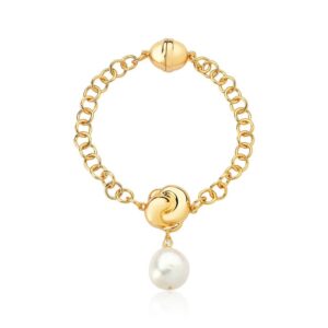 Pulseira Ban. Dourado Pedra Branca Nozinho 1 Perola Fecho Ima (Cat)