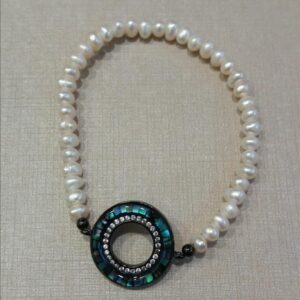 Pulseira Rod. Negro Crav. Zirc Branca Pedra Abalone Redondo Perola