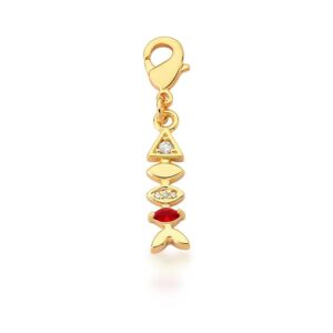 Pingente Fol. Dourado C/Fecho  Crav. Zirc Branca Pedra Rubi Peixe