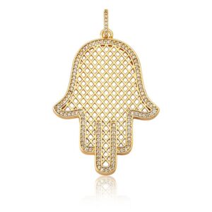Pingente Ban. Dourado Crav. Zirc Branca Vazada Mao De Fatima 40mm