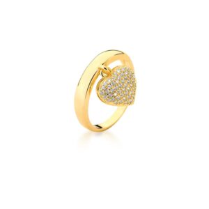 Anel Ban. Dourado Crav. Zirc Branca Coracao Pendulo