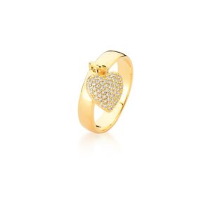 Anel Ban. Dourado Crav. Zirc Branca Pendulo Coracao