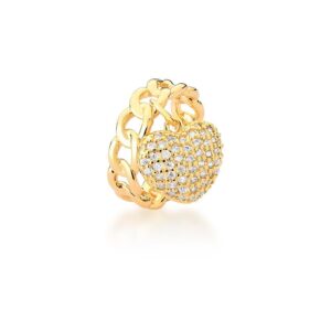 Anel Ban. Dourado Crav. Zirc Branca Elo Grumet Pendulo Coracao