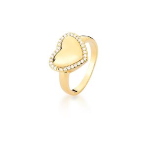 Anel Ban. Dourado Crav. Zirc Branca Coracao 14mm