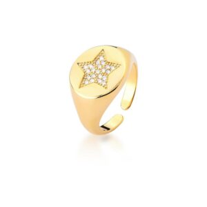 Anel Ban. Dourado Crav. Zirc Branca Estrela 14mm