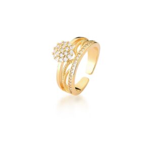 Anel Ban. Dourado Crav. Zirc Branca Trabalhado Flor/Redondo 8mm