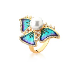 Anel Ban. Dourado Crav. Zirc Branca Pedra Branca Esmaltado Azul Borboleta Perola (Cat)