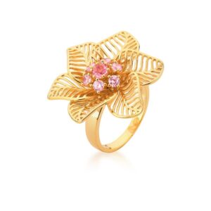 Anel Ban. Dourado Pedra Rosa Vazado Flor 28mm