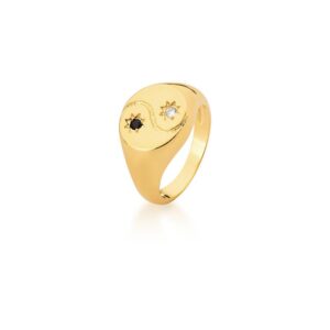 Anel Ban. Dourado Pedra Negra/Branca Ying Yang Redondo 12mm