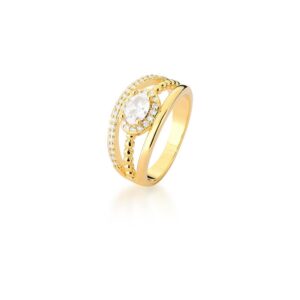 Anel Ban. Dourado Crav. Zirc Branca Pedra Branca 3 Voltas Oval