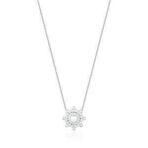 Corrente C/Ping. Fol. Rodio Crav. Zirc Branca Redondo 1 Perola 45+5cm