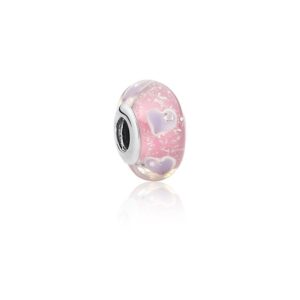 Pingente Berloque Prateado  Envelhecido Crav. Zirc Branca Pedra Murano Rosa/Lilas Glitter Coracao