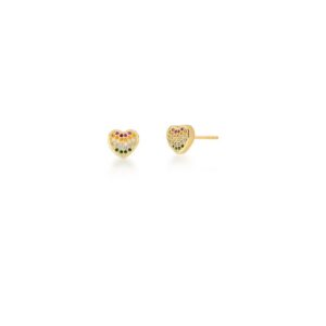 Brinco Ban. Dourado Crav. Zirc Mulricolor Coracao 9mm