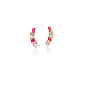 Brinco Ban. Dourado Pedra Multicolor Retangular Ear Cuff (Rc 09.21)
