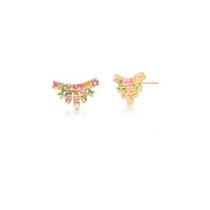 Brinco Ban. Dourado Pedra Multicolor Redondo/Quadrado Ear Cuff