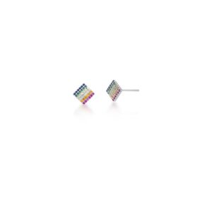 Brinco Prateado C/ Ban. De Rodio Crav. Zirc Multicolor Quadrado 7mm