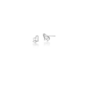 Brinco Prateado C/ Ban. De Rodio Crav. Zirc Branca Pedra Branca Vazado Coracao 7mm