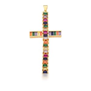 Pingente Ban. Dourado Pedra Multicolor Pendulo Imagem Cruz 29x49mm