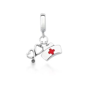 Pingente Berloque Prateado Envelhecido Pedra Branca Esmaltado Vermelho Medico/Estetoscopio