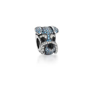 Pingente Berloque Prateado Envelhecido Crav. Zirc Branca/Azul Esmaltado Preto Schnauzer/Cachorro