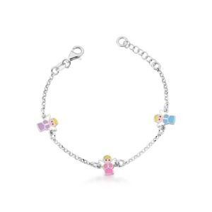 Pulseira Kids Prateado C/ Ban. De Rodio Liso Esmaltado Colorido Imagem Anjo