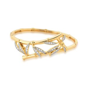 Bracelete Ban. Dourado Crav. Zirc Branca Vazado Folha Curvo Bambu (Cat) (Aut)