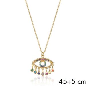 Corrente C/ Ping. Ban. Dourado Crav. Zirc Multicolor Pedra Multicolor Olho Grego 45+5cm